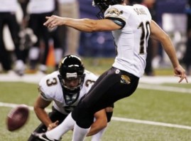 Jaguars place kicker Scobee kicks a game-winning field goal during the fourth quarter of NFL football play in Indianapolis